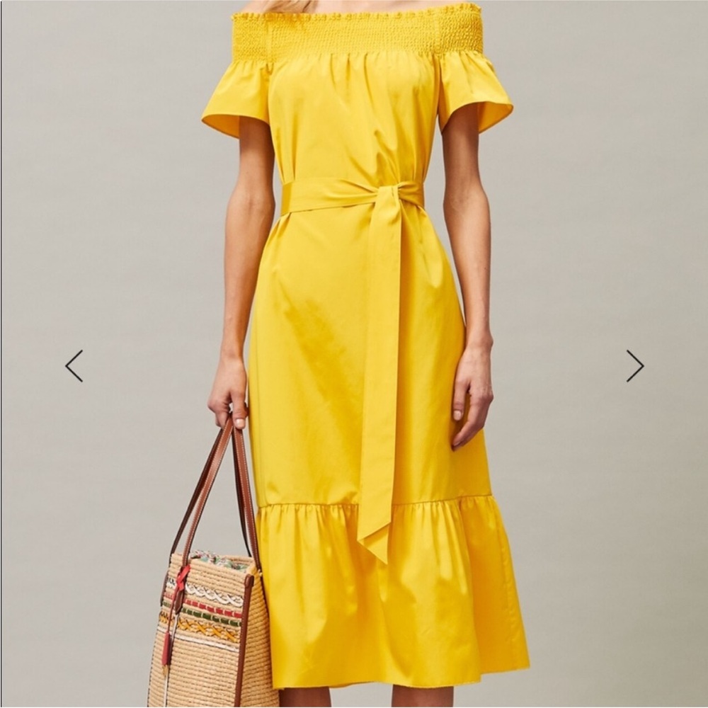 Tory Burch smocked shoulder dress - flaming yellow
